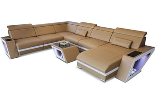 Mini XXL Leder Wohnlandschaft Catania – Komfort & Stil in Kunstleder und der Farbe Sandbeige und Weiß - Ausrichtung rechts