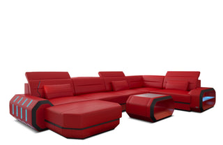 XL Wohnlandschaft Roma U-Form mit LED in Kunstleder und der Farbe Rot und Schwarz - Ausrichtung links
