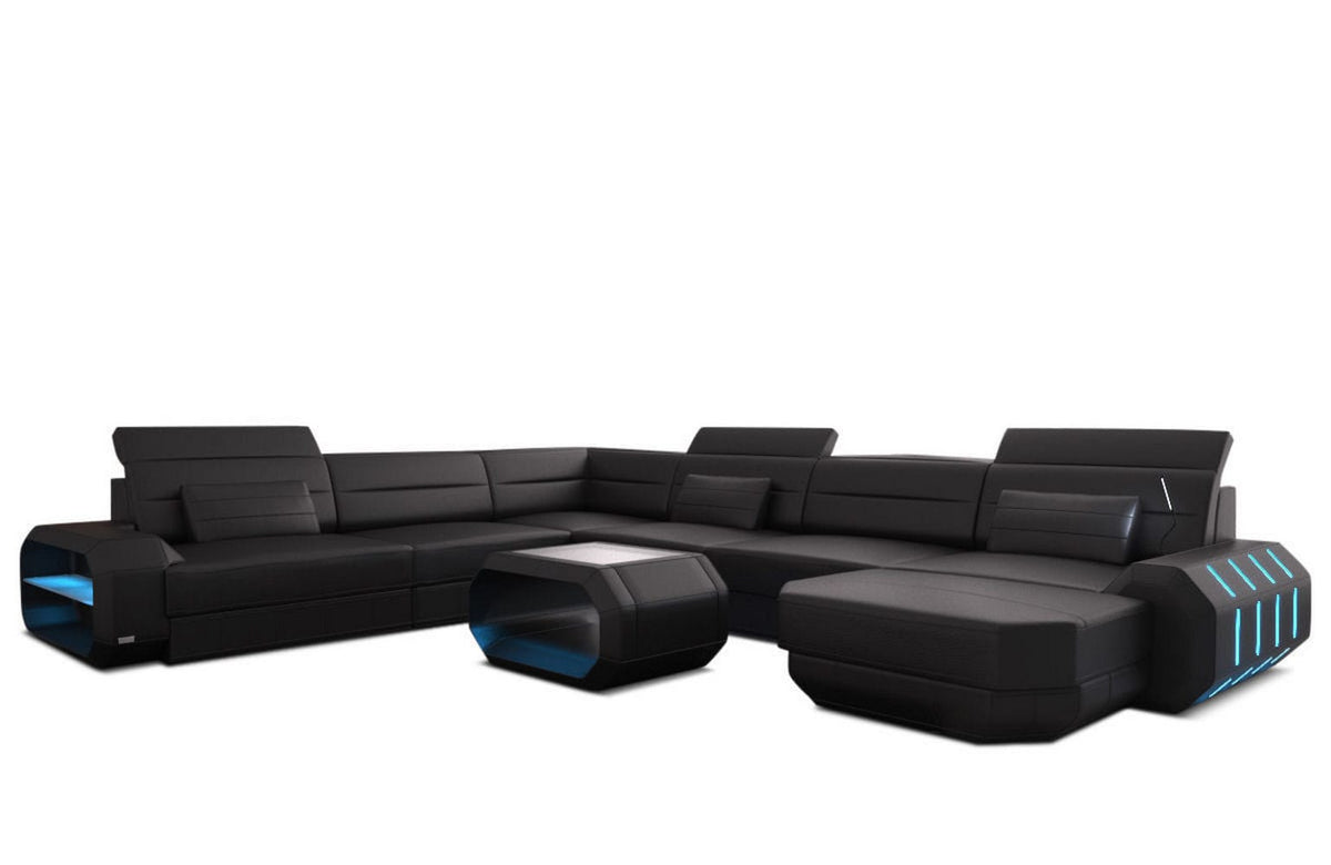 XL Wohnlandschaft Roma U-Form in Leder schwarz
