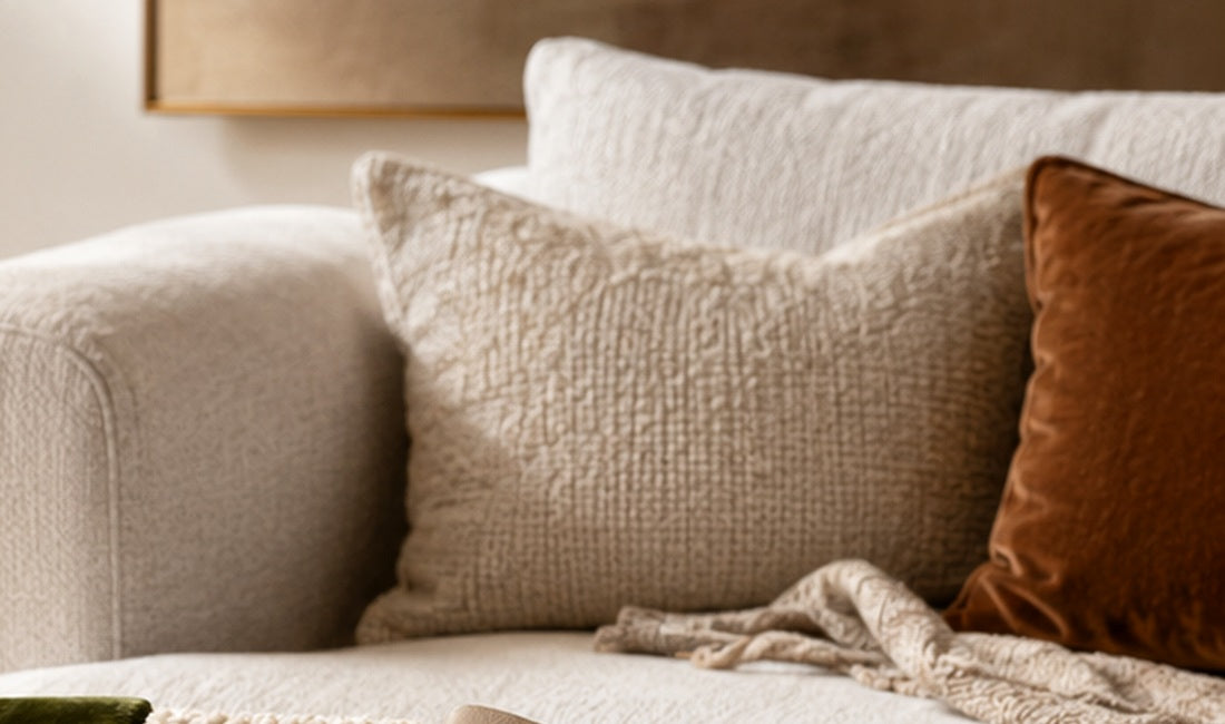 Sofa mit hellen Stoffbezügen und Kissen